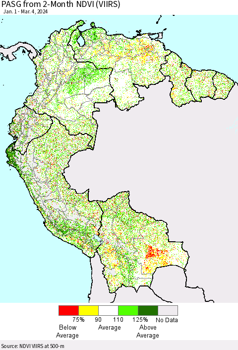 Northern South America PASG from 2-Month NDVI (VIIRS) Thematic Map For 2/26/2024 - 3/4/2024