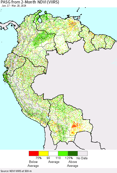 Northern South America PASG from 2-Month NDVI (VIIRS) Thematic Map For 3/13/2024 - 3/20/2024