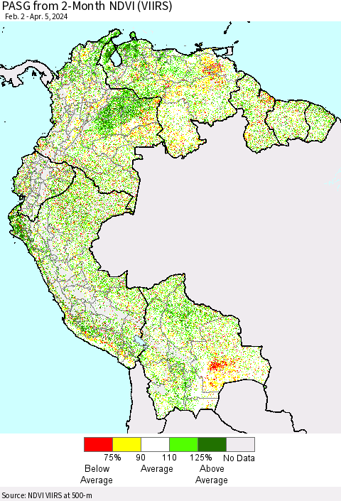 Northern South America PASG from 2-Month NDVI (VIIRS) Thematic Map For 3/29/2024 - 4/5/2024