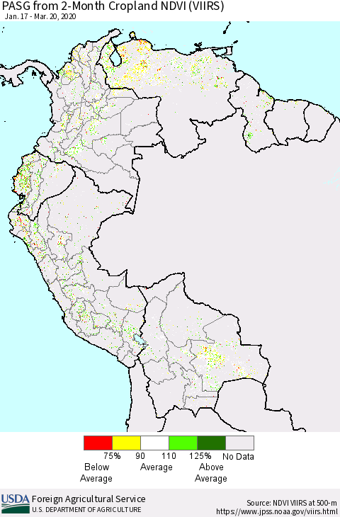 Northern South America PASG from 2-Month Cropland NDVI (VIIRS) Thematic Map For 3/11/2020 - 3/20/2020