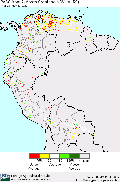Northern South America PASG from 2-Month Cropland NDVI (VIIRS) Thematic Map For 5/21/2020 - 5/31/2020
