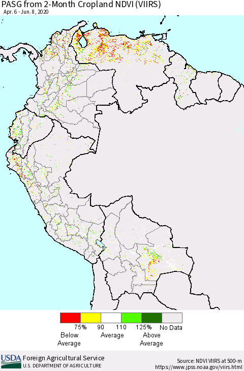 Northern South America PASG from 2-Month Cropland NDVI (VIIRS) Thematic Map For 6/1/2020 - 6/10/2020