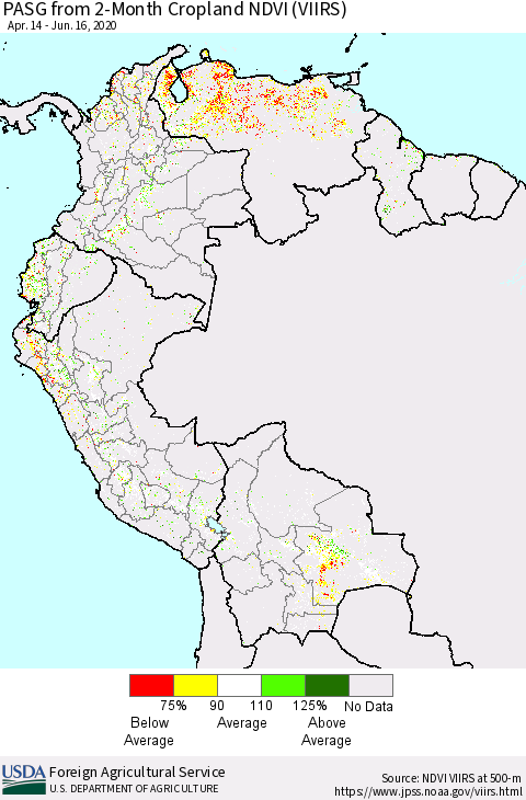 Northern South America PASG from 2-Month Cropland NDVI (VIIRS) Thematic Map For 6/11/2020 - 6/20/2020