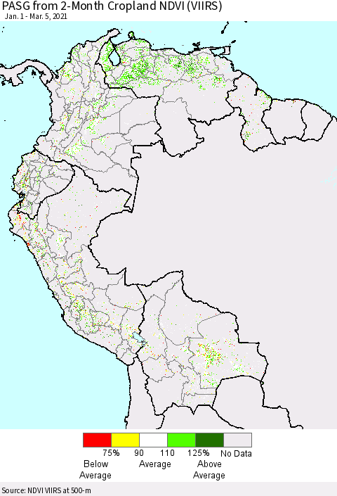 Northern South America PASG from 2-Month Cropland NDVI (VIIRS) Thematic Map For 2/26/2021 - 3/5/2021