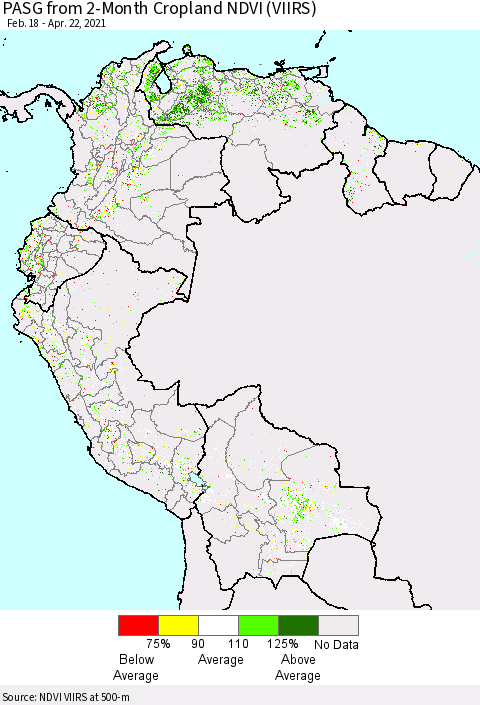Northern South America PASG from 2-Month Cropland NDVI (VIIRS) Thematic Map For 4/15/2021 - 4/22/2021