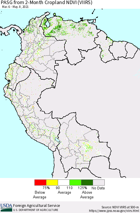 Northern South America PASG from 2-Month Cropland NDVI (VIIRS) Thematic Map For 5/1/2021 - 5/10/2021