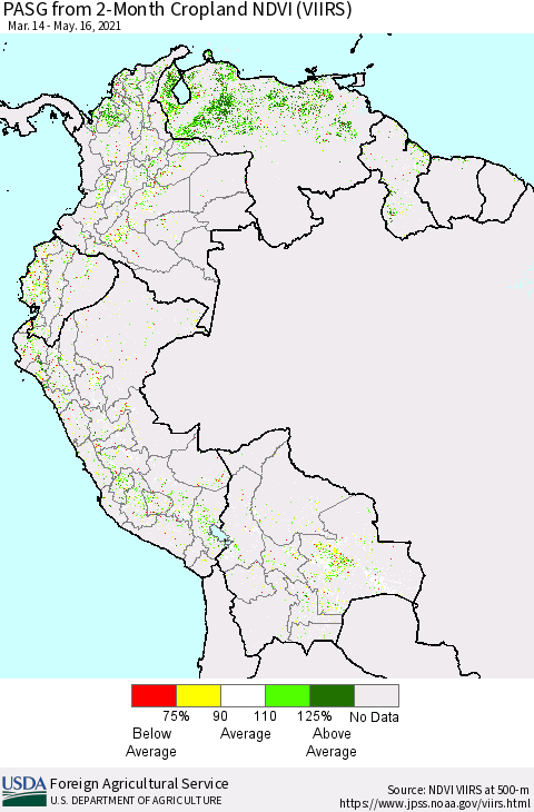 Northern South America PASG from 2-Month Cropland NDVI (VIIRS) Thematic Map For 5/11/2021 - 5/20/2021