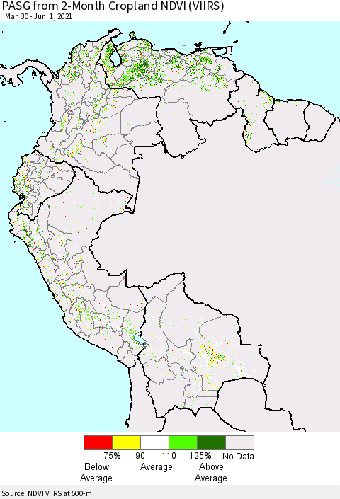 Northern South America PASG from 2-Month Cropland NDVI (VIIRS) Thematic Map For 5/25/2021 - 6/1/2021