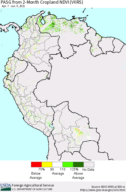 Northern South America PASG from 2-Month Cropland NDVI (VIIRS) Thematic Map For 6/1/2021 - 6/10/2021