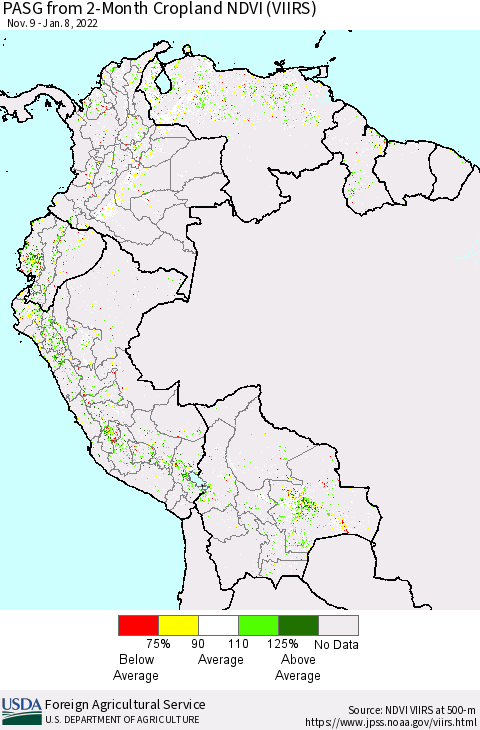 Northern South America PASG from 2-Month Cropland NDVI (VIIRS) Thematic Map For 1/1/2022 - 1/10/2022