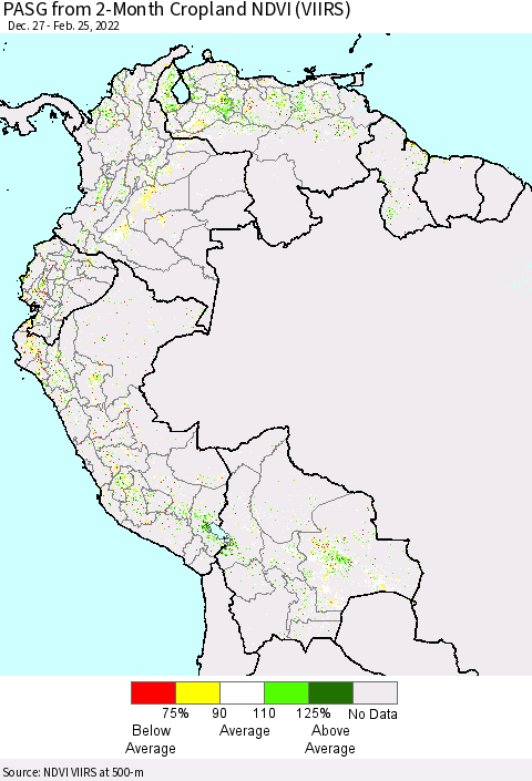 Northern South America PASG from 2-Month Cropland NDVI (VIIRS) Thematic Map For 2/18/2022 - 2/25/2022