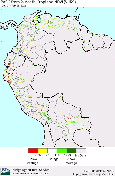 Northern South America PASG from 2-Month Cropland NDVI (VIIRS) Thematic Map For 2/21/2022 - 2/28/2022