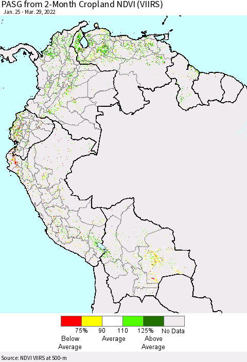 Northern South America PASG from 2-Month Cropland NDVI (VIIRS) Thematic Map For 3/22/2022 - 3/29/2022