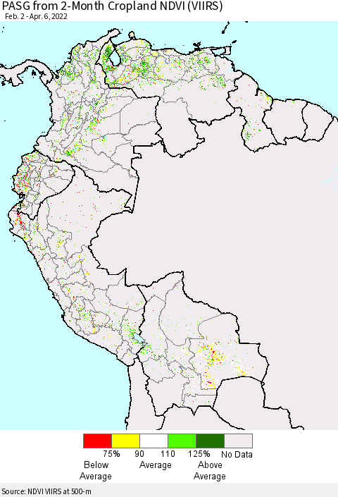 Northern South America PASG from 2-Month Cropland NDVI (VIIRS) Thematic Map For 3/30/2022 - 4/6/2022
