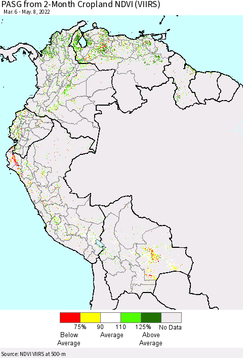 Northern South America PASG from 2-Month Cropland NDVI (VIIRS) Thematic Map For 5/1/2022 - 5/8/2022