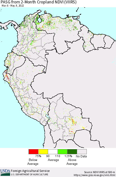 Northern South America PASG from 2-Month Cropland NDVI (VIIRS) Thematic Map For 5/1/2022 - 5/10/2022