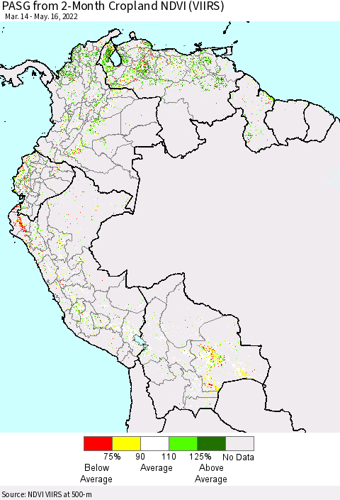 Northern South America PASG from 2-Month Cropland NDVI (VIIRS) Thematic Map For 5/9/2022 - 5/16/2022
