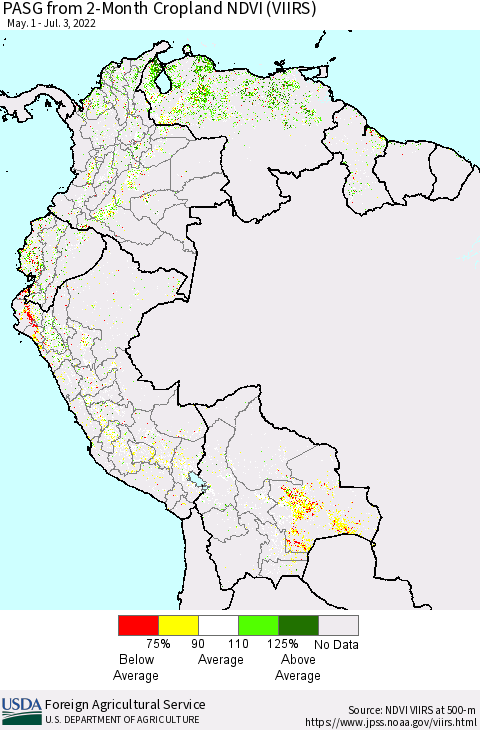 Northern South America PASG from 2-Month Cropland NDVI (VIIRS) Thematic Map For 7/1/2022 - 7/10/2022