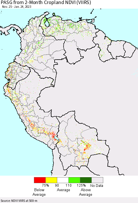 Northern South America PASG from 2-Month Cropland NDVI (VIIRS) Thematic Map For 1/17/2023 - 1/24/2023