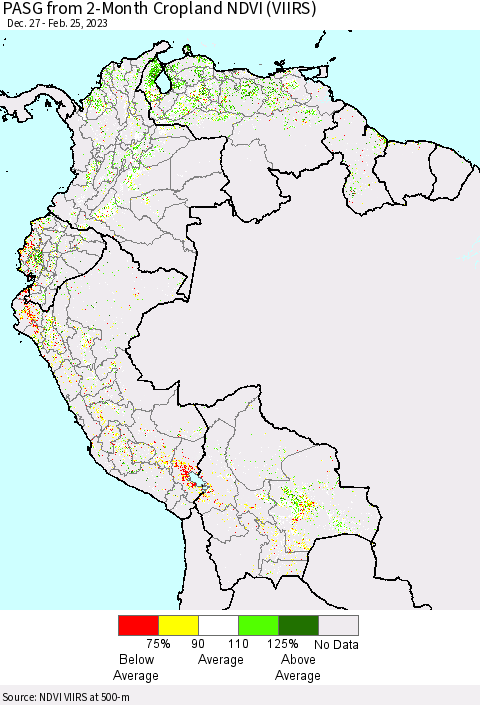 Northern South America PASG from 2-Month Cropland NDVI (VIIRS) Thematic Map For 2/18/2023 - 2/25/2023
