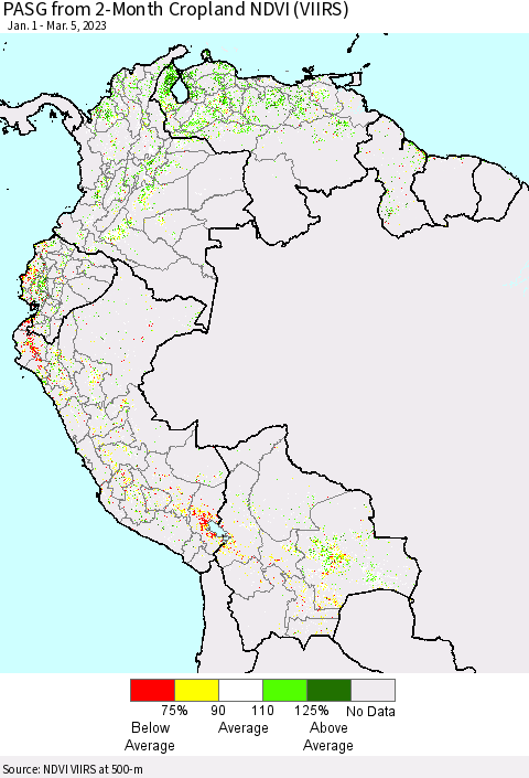 Northern South America PASG from 2-Month Cropland NDVI (VIIRS) Thematic Map For 2/26/2023 - 3/5/2023