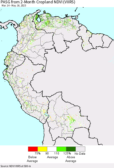 Northern South America PASG from 2-Month Cropland NDVI (VIIRS) Thematic Map For 5/9/2023 - 5/16/2023