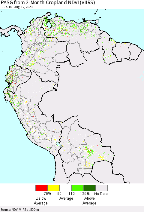 Northern South America PASG from 2-Month Cropland NDVI (VIIRS) Thematic Map For 8/5/2023 - 8/12/2023