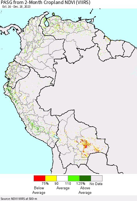 Northern South America PASG from 2-Month Cropland NDVI (VIIRS) Thematic Map For 12/11/2023 - 12/18/2023