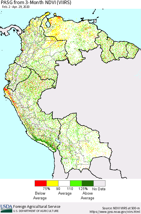 Northern South America PASG from 3-Month NDVI (VIIRS) Thematic Map For 4/21/2020 - 4/30/2020