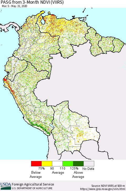 Northern South America PASG from 3-Month NDVI (VIIRS) Thematic Map For 5/21/2020 - 5/31/2020
