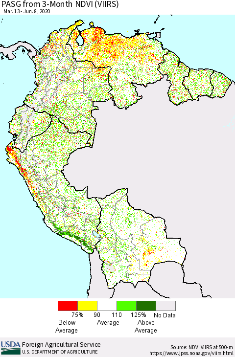 Northern South America PASG from 3-Month NDVI (VIIRS) Thematic Map For 6/1/2020 - 6/10/2020