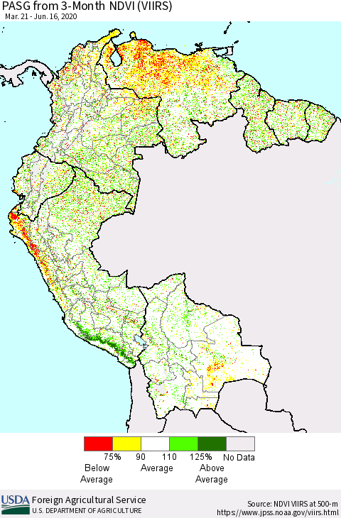Northern South America PASG from 3-Month NDVI (VIIRS) Thematic Map For 6/11/2020 - 6/20/2020