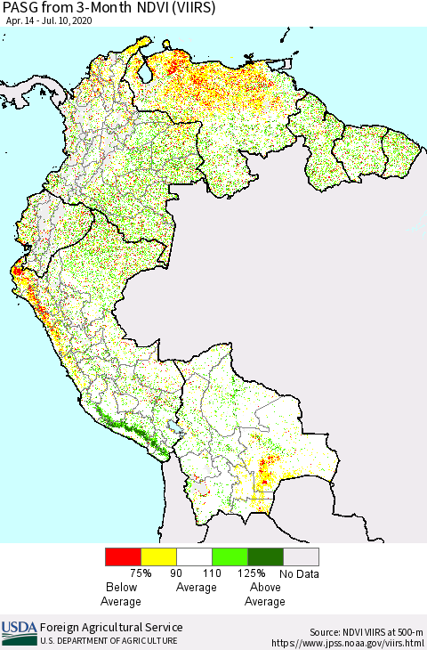 Northern South America PASG from 3-Month NDVI (VIIRS) Thematic Map For 7/1/2020 - 7/10/2020