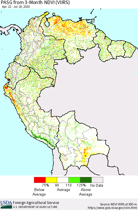 Northern South America PASG from 3-Month NDVI (VIIRS) Thematic Map For 7/11/2020 - 7/20/2020