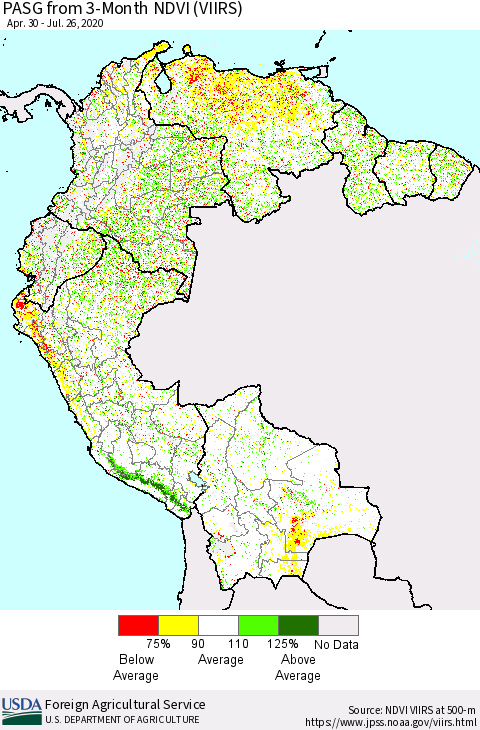 Northern South America PASG from 3-Month NDVI (VIIRS) Thematic Map For 7/21/2020 - 7/31/2020