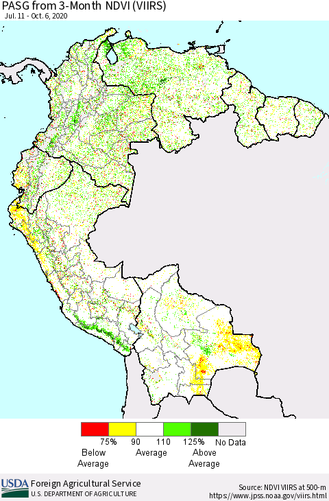 Northern South America PASG from 3-Month NDVI (VIIRS) Thematic Map For 10/1/2020 - 10/10/2020