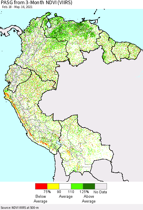 Northern South America PASG from 3-Month NDVI (VIIRS) Thematic Map For 5/9/2021 - 5/16/2021