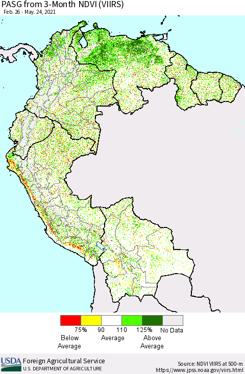 Northern South America PASG from 3-Month NDVI (VIIRS) Thematic Map For 5/21/2021 - 5/31/2021