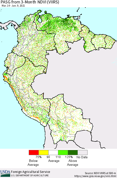Northern South America PASG from 3-Month NDVI (VIIRS) Thematic Map For 6/1/2021 - 6/10/2021