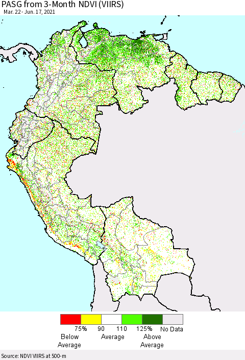 Northern South America PASG from 3-Month NDVI (VIIRS) Thematic Map For 6/10/2021 - 6/17/2021