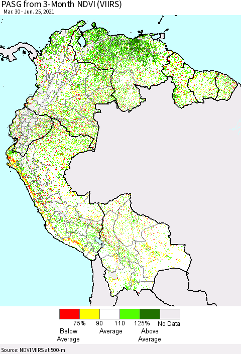 Northern South America PASG from 3-Month NDVI (VIIRS) Thematic Map For 6/18/2021 - 6/25/2021