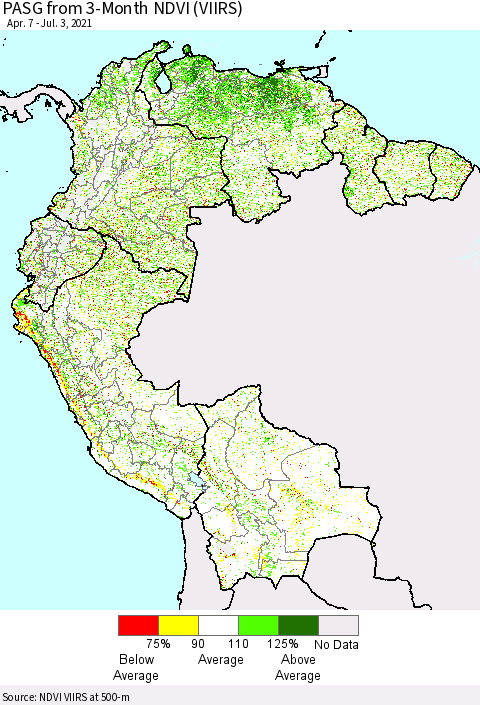 Northern South America PASG from 3-Month NDVI (VIIRS) Thematic Map For 6/26/2021 - 7/3/2021