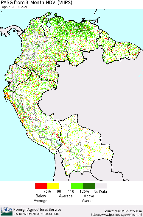 Northern South America PASG from 3-Month NDVI (VIIRS) Thematic Map For 7/1/2021 - 7/10/2021