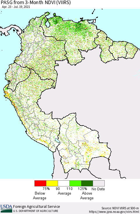 Northern South America PASG from 3-Month NDVI (VIIRS) Thematic Map For 7/11/2021 - 7/20/2021