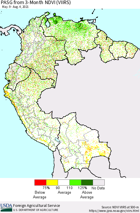 Northern South America PASG from 3-Month NDVI (VIIRS) Thematic Map For 8/1/2021 - 8/10/2021