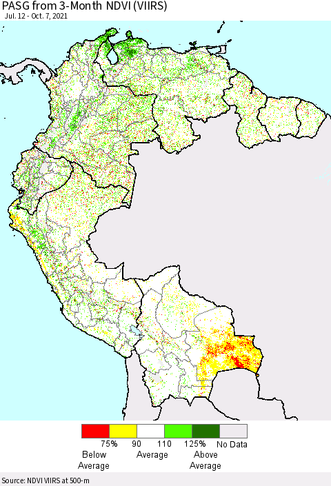Northern South America PASG from 3-Month NDVI (VIIRS) Thematic Map For 9/30/2021 - 10/7/2021