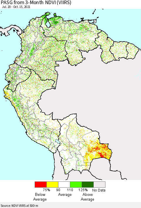 Northern South America PASG from 3-Month NDVI (VIIRS) Thematic Map For 10/8/2021 - 10/15/2021