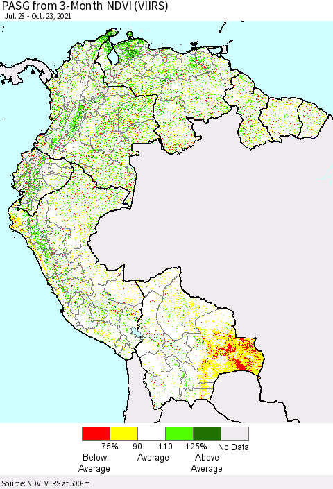 Northern South America PASG from 3-Month NDVI (VIIRS) Thematic Map For 10/16/2021 - 10/23/2021
