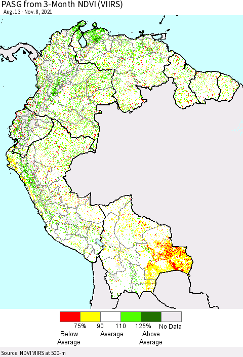 Northern South America PASG from 3-Month NDVI (VIIRS) Thematic Map For 11/1/2021 - 11/8/2021