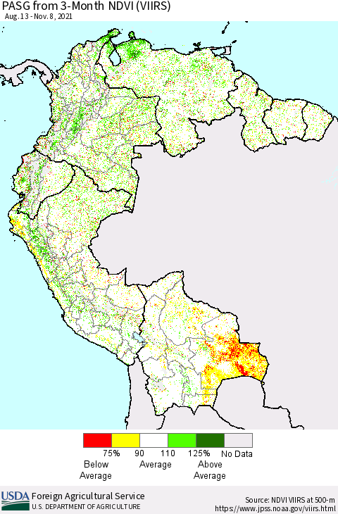 Northern South America PASG from 3-Month NDVI (VIIRS) Thematic Map For 11/1/2021 - 11/10/2021